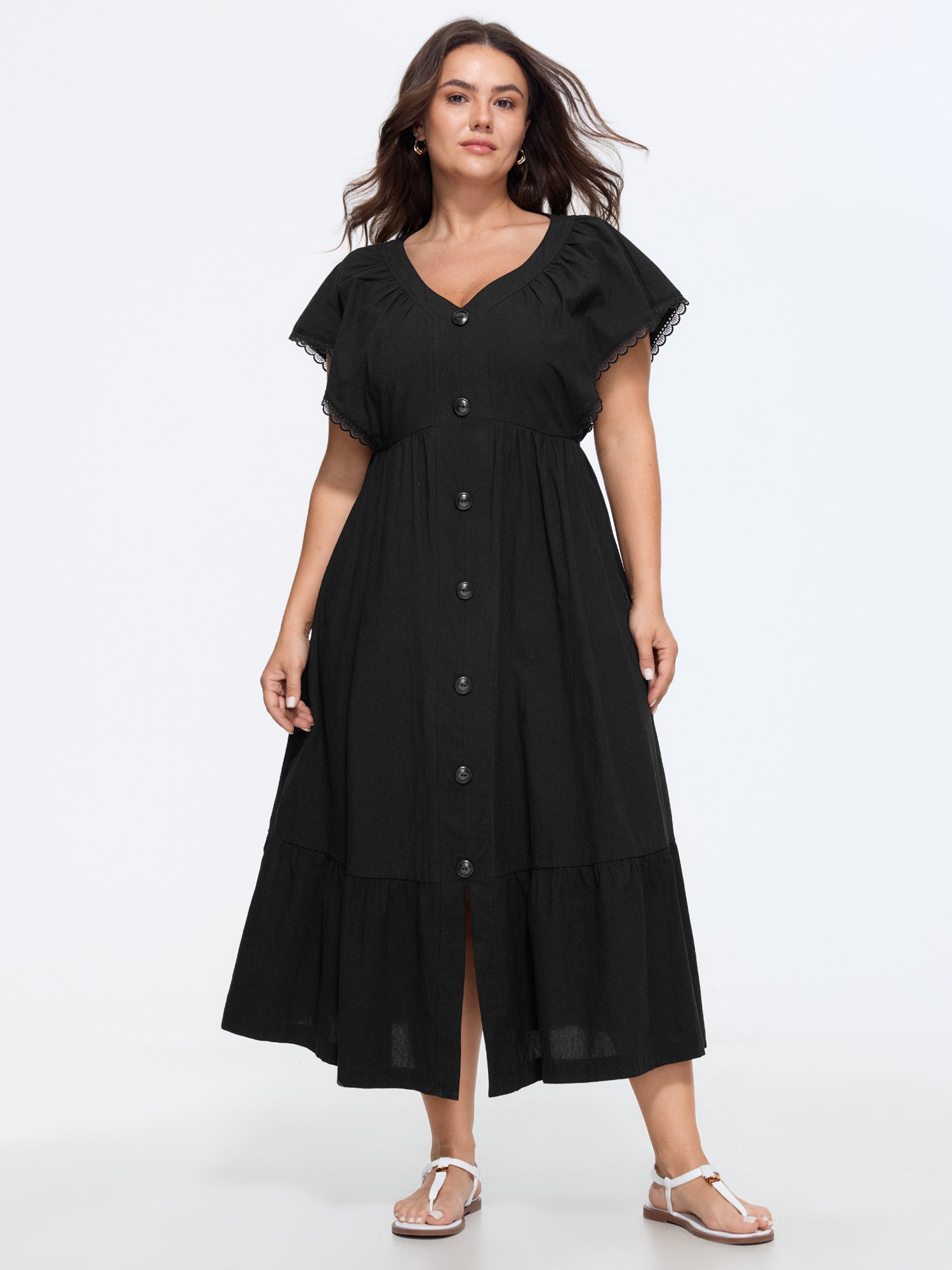 Cotton Button-Front Split Hem Maxi Dress