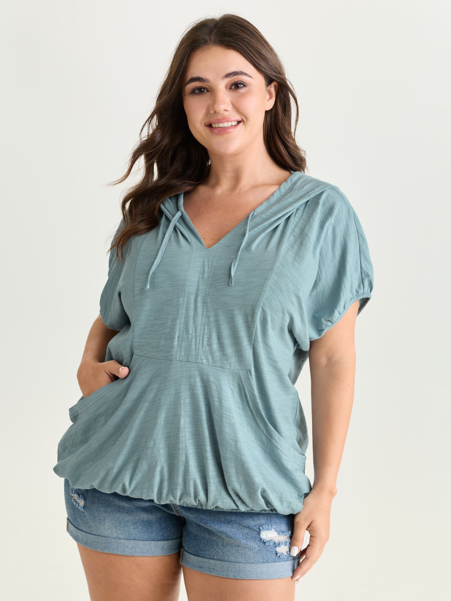 Pure Cotton Bubble Hem Hooded Knit Top