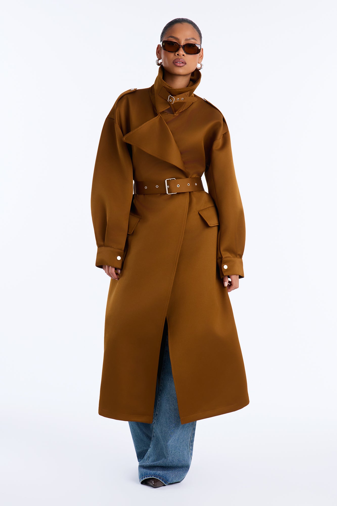Anya Satin Belted Long Trench Coat - Copper