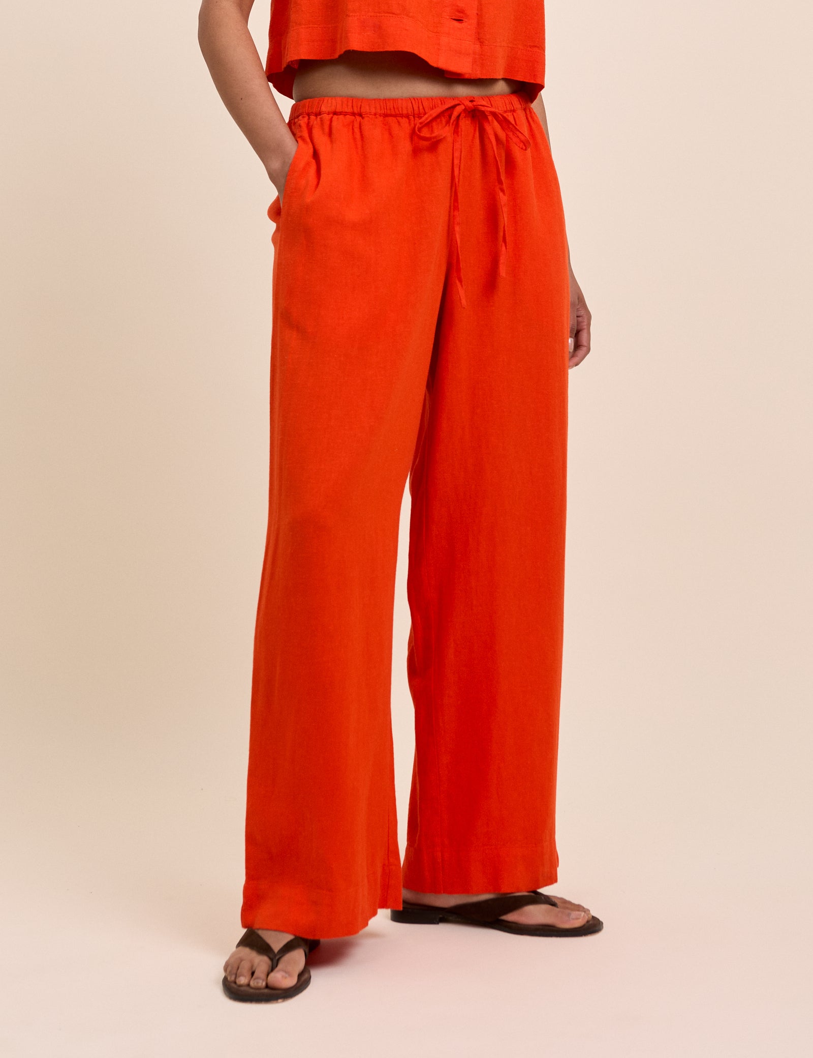 Orange Linen-Rich Low Waisted Straight Leg Trousers