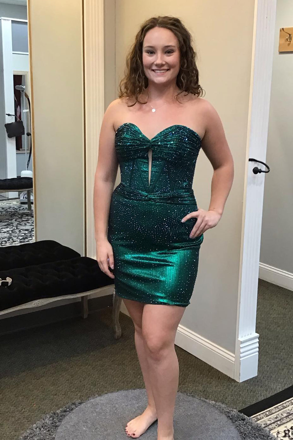Sparkly Dark Green Strapless Corset Tight Short Homecoming Dress/Mini Dress with Beadings