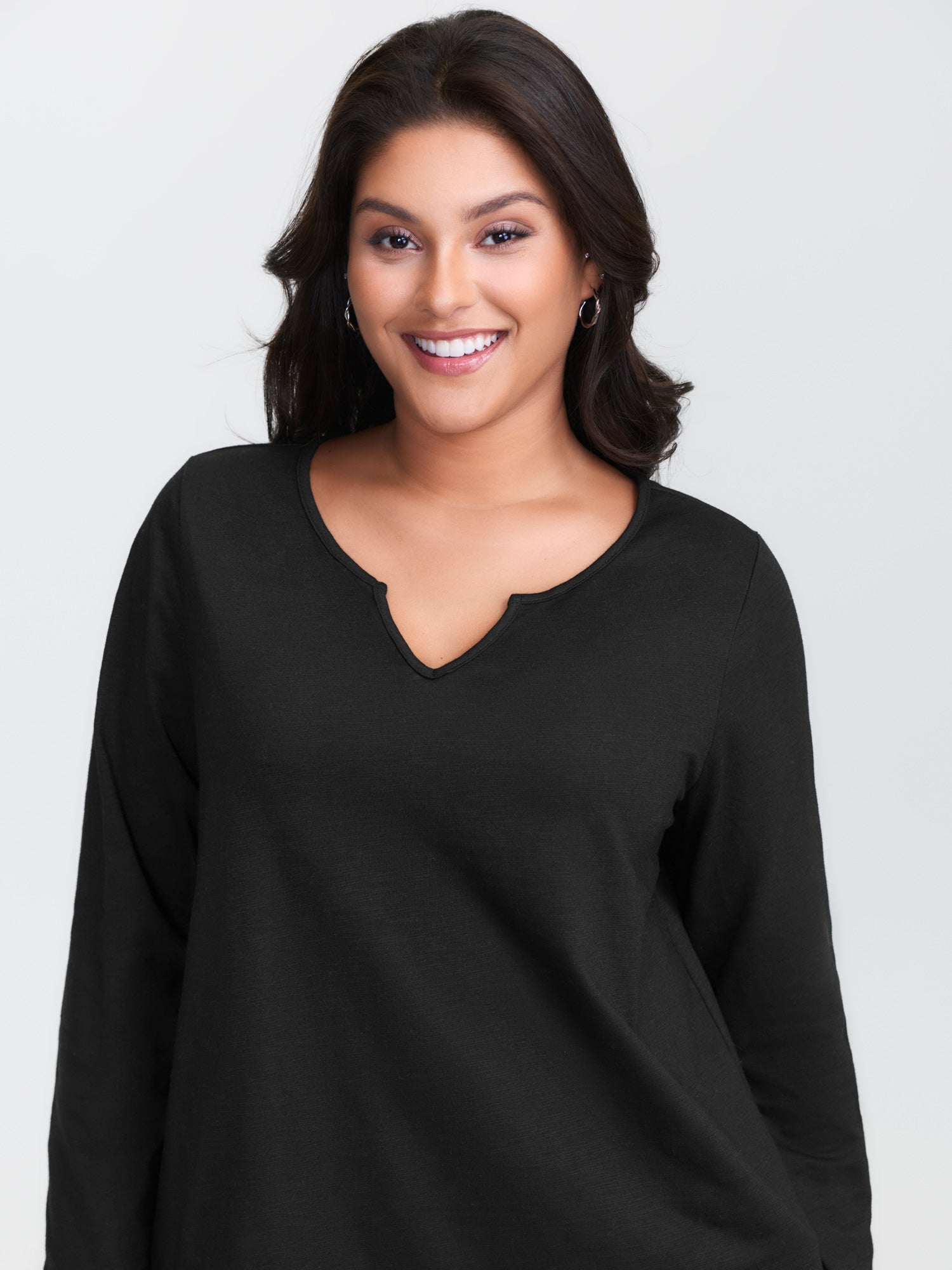Split Neckline Stretchy Plain T-Shirt