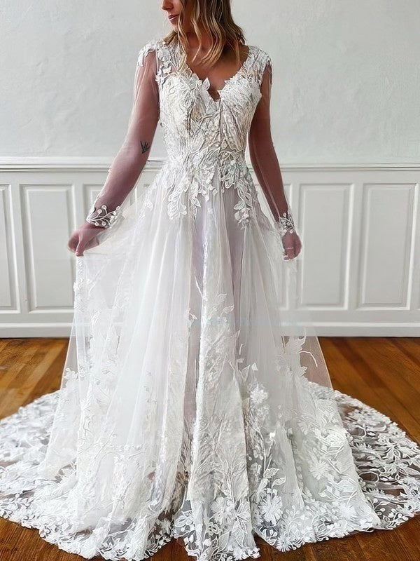 Trendy V-Neck Long Sleeves Tulle Lace Ball Gown Wedding Dresses with Court Train