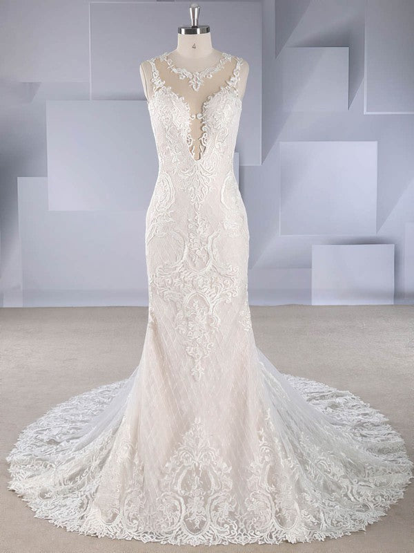 Elegant Chapel Train Backless V-Neck Mermaid Sleeveless Lace Wedding Dresses