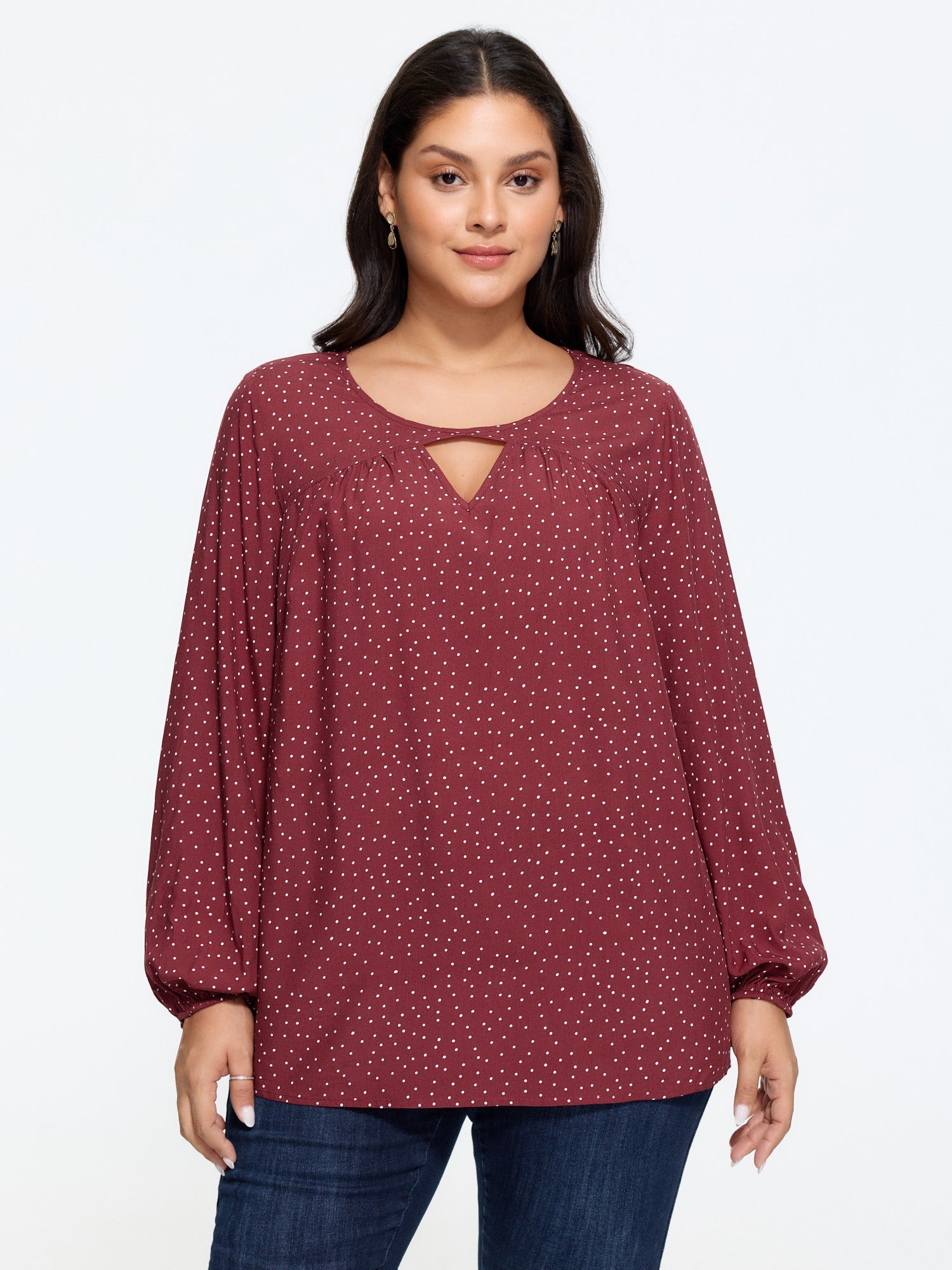 Polka Dot Keyhole Neck Pleated Blouse
