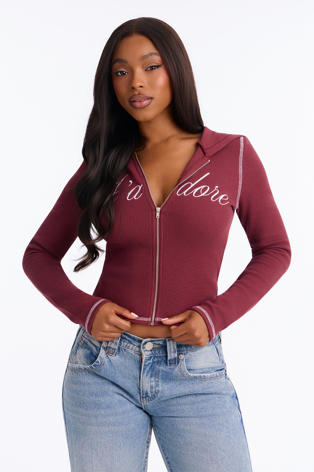 Jadore Thermal Fitted Zip Hoodie - Burgundy