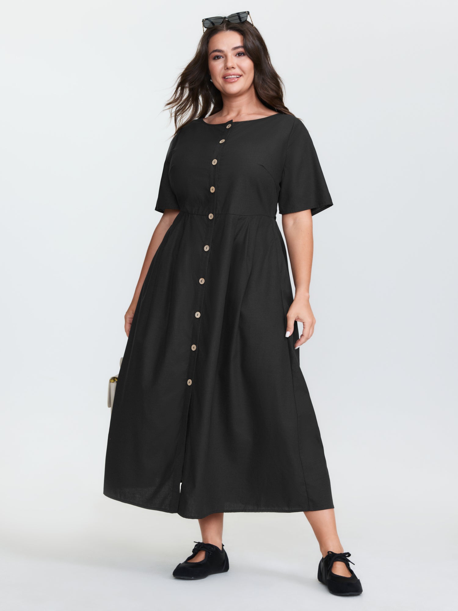 Button Detail Drawstring Waist Plain Midi Dress