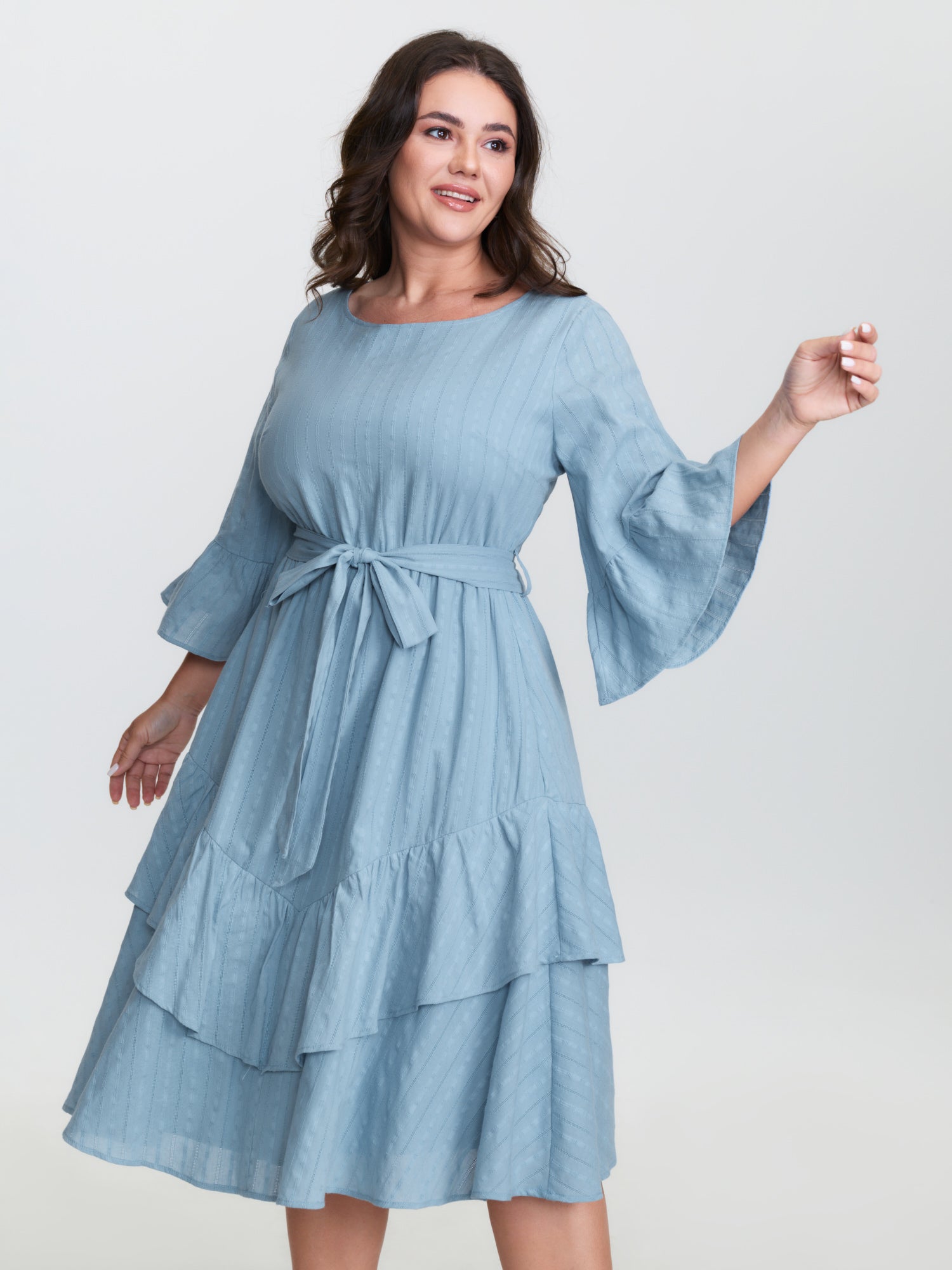 Pure Cotton Jacquard Textured Waist-Tie Midi Dress