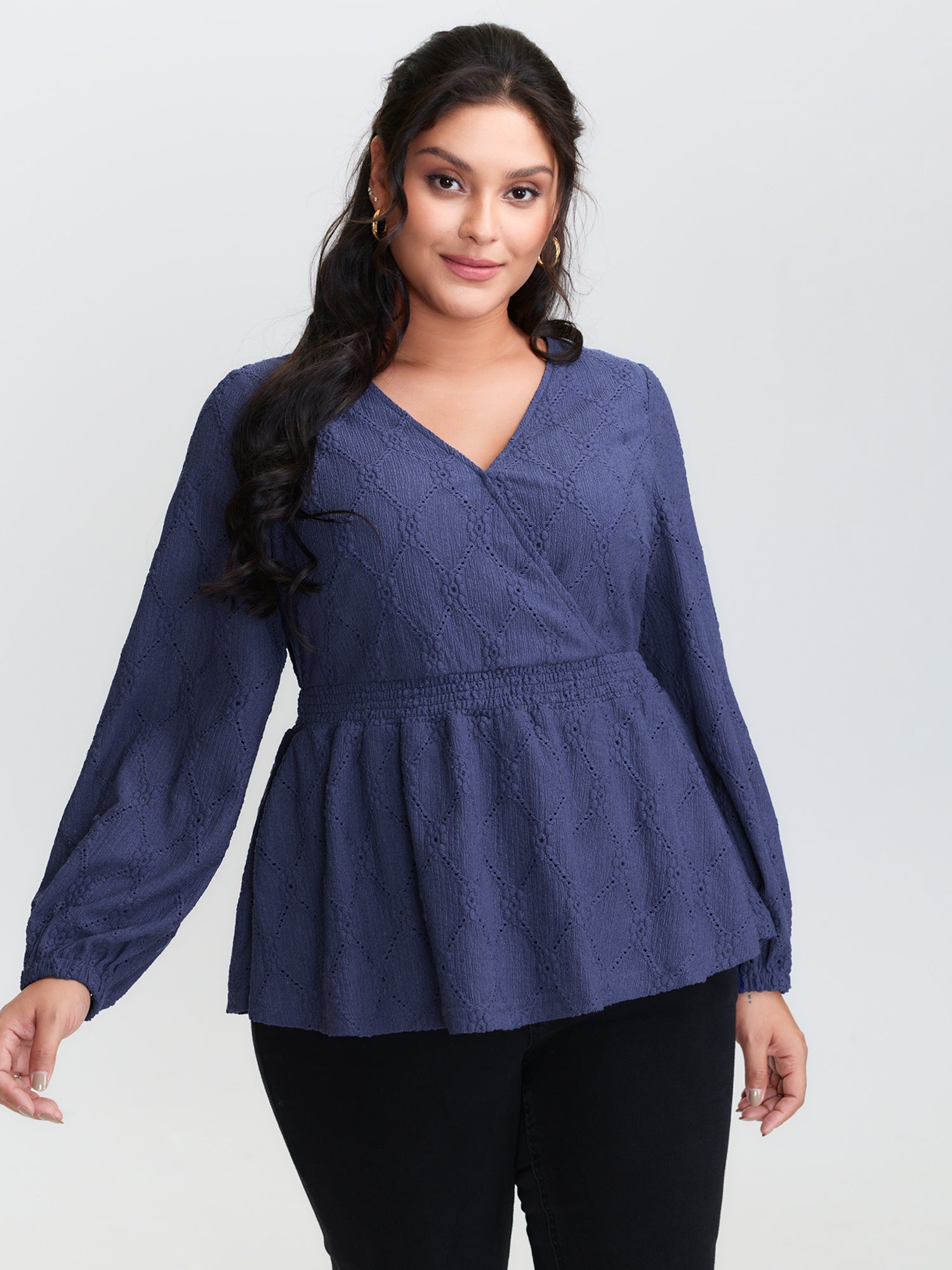 Eyelet Trim Shirred Waist Flared Top