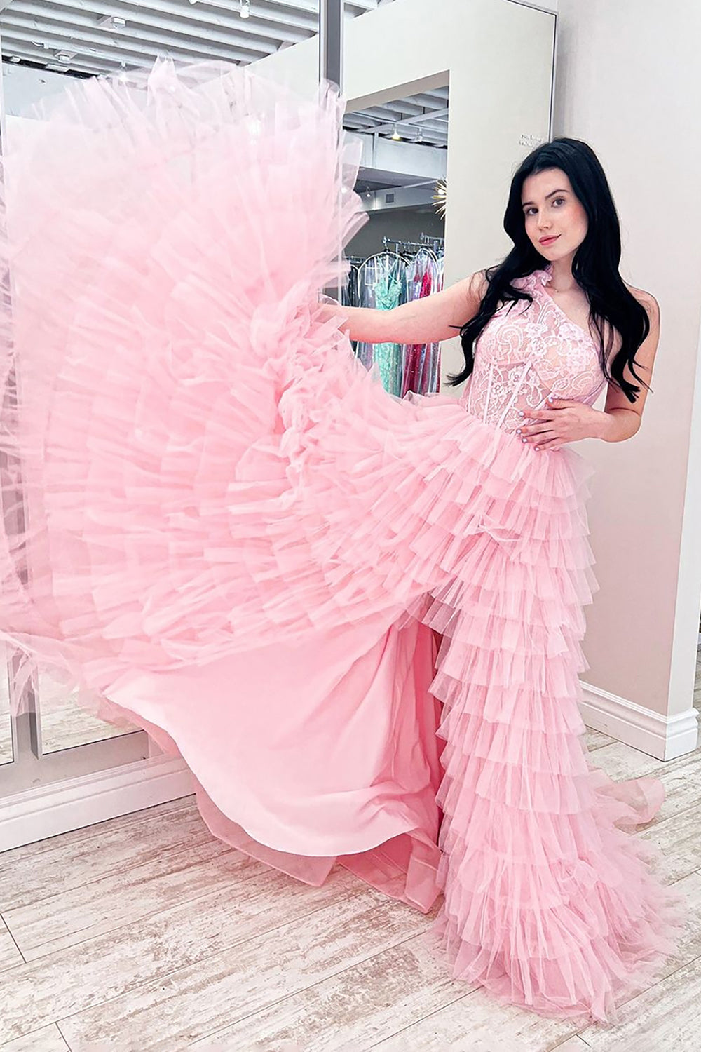 Pink One-Shoulder A-Line Corset Prom Dress with Tiered Ruffles