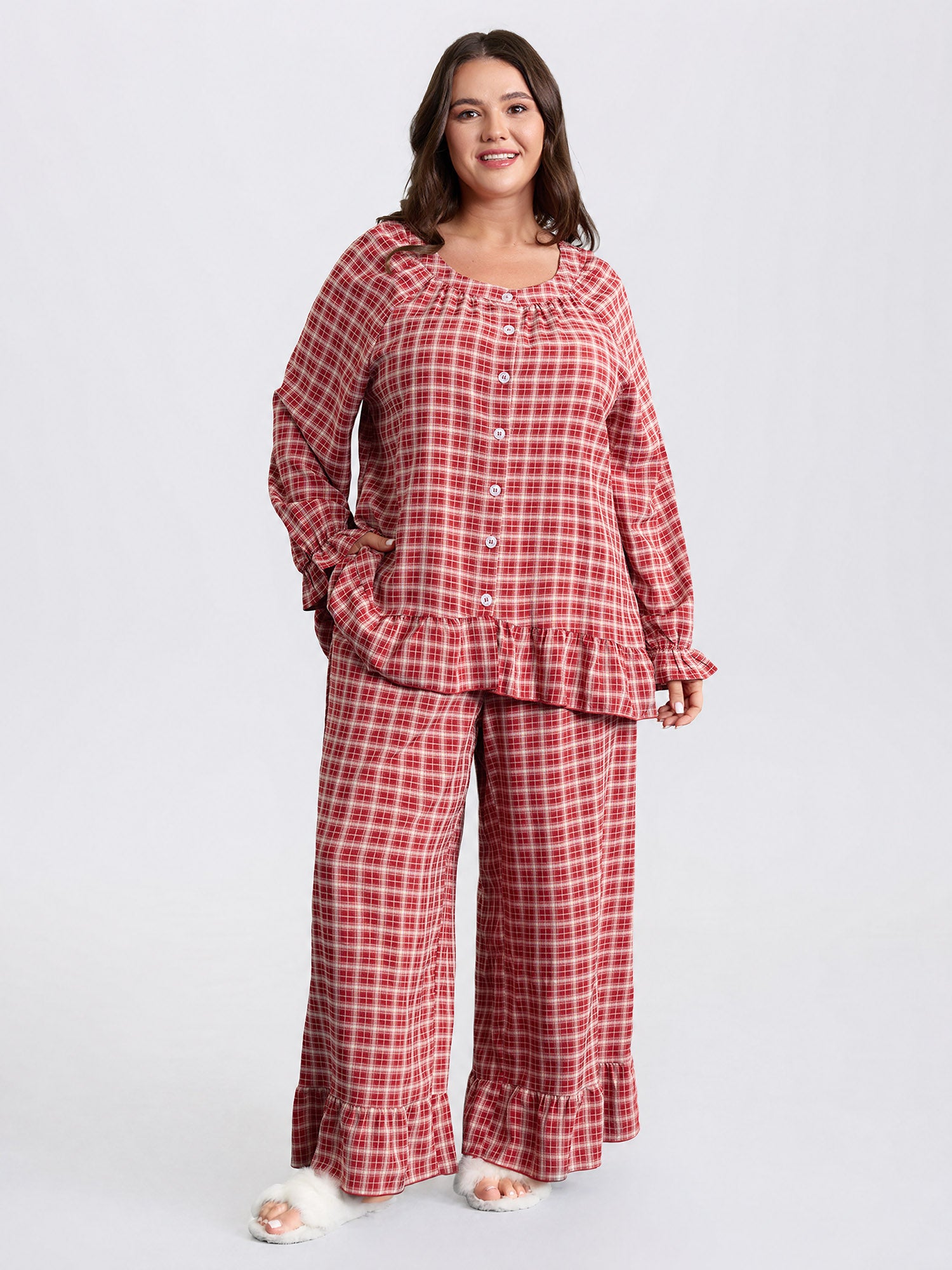 Gingham Print Ruffled Hem Co-Ord Pajama Set