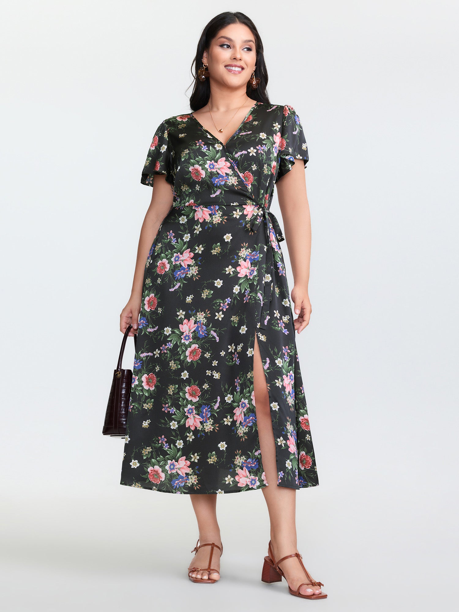 Floral Print Wrap Neckline Slit Maxi Dress