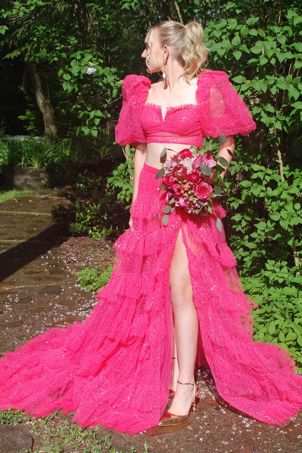 Long Prom Dress in Fuchsia with Square Neck Puff Sleeves and Slit 鈥?A-Line Tulle Tiered Design