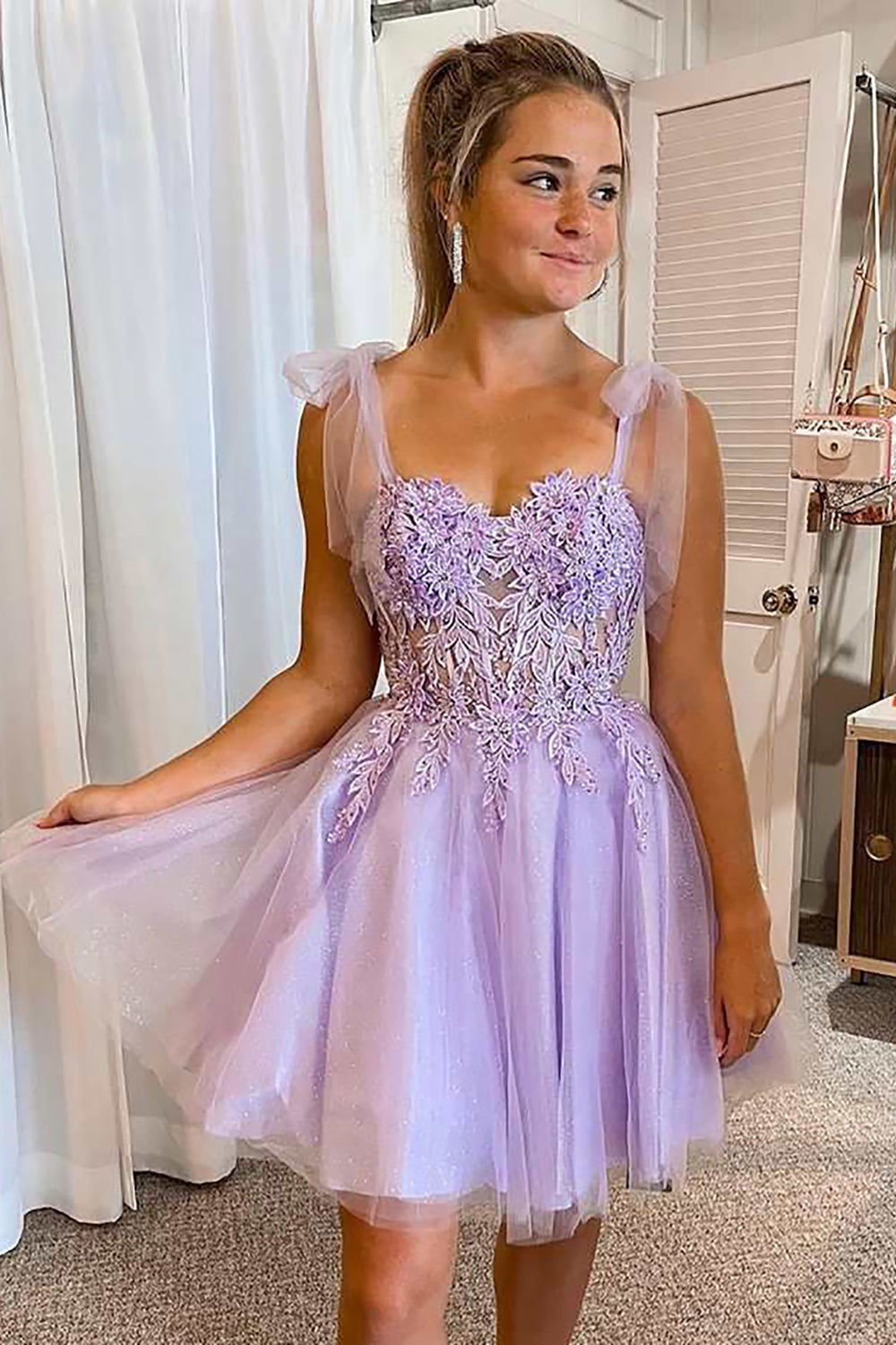 Purple Corset A-Line Tulle Short Homecoming Dress/Mini Dress with Lace