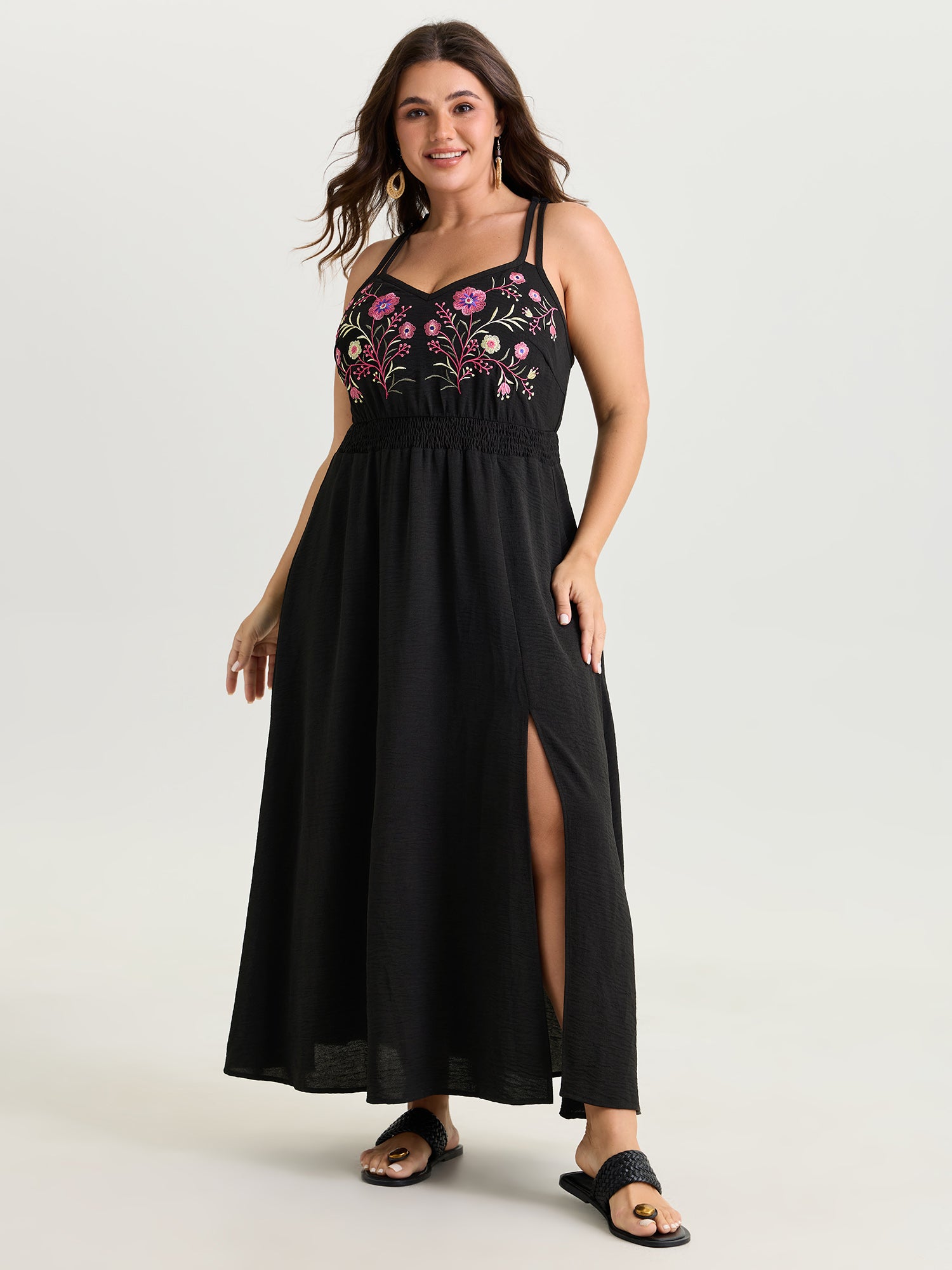 Floral Embroidered Shirred Waist Maxi Dress