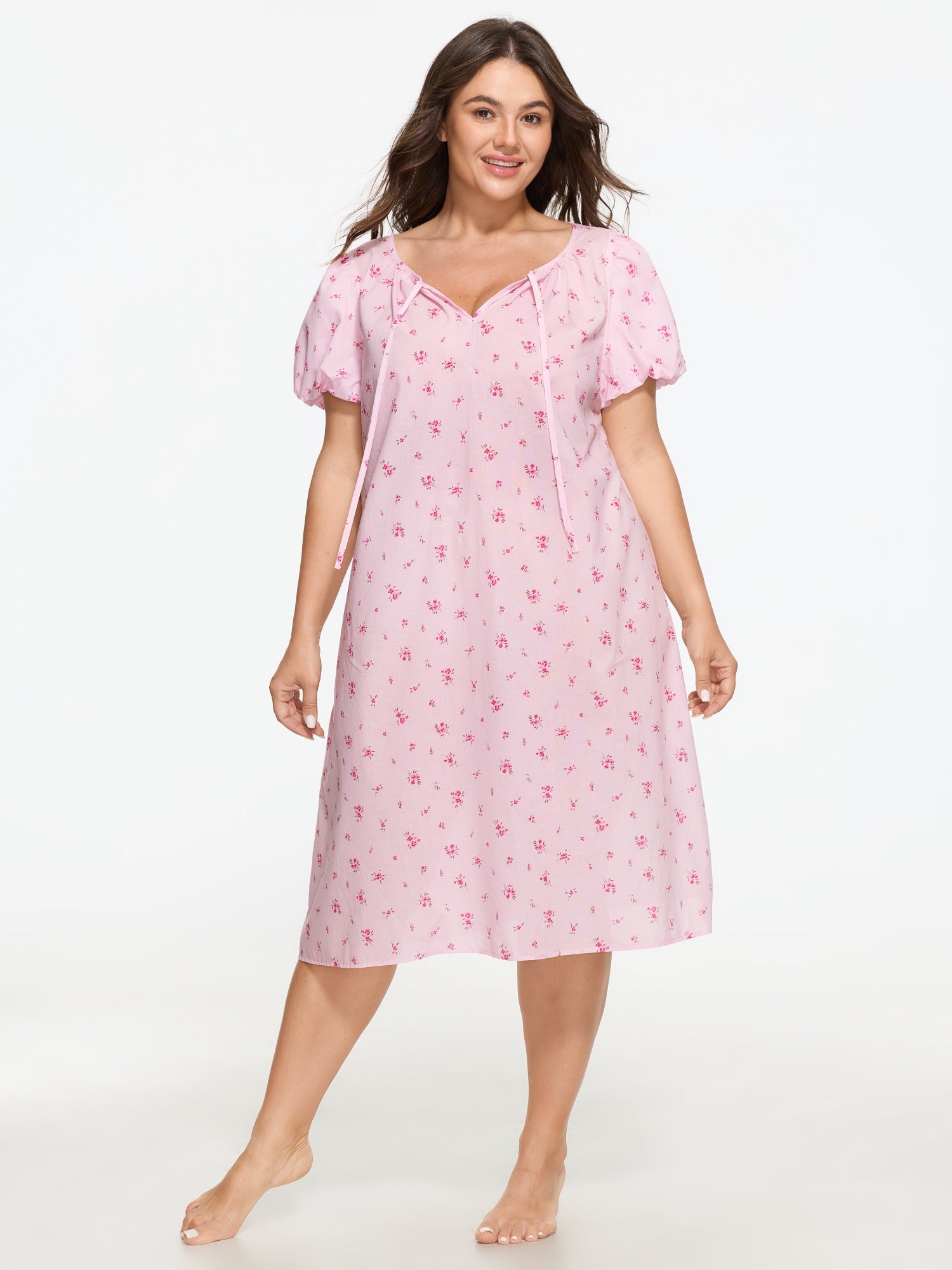 Cotton Floral Print Puff Sleeve Tie‑Neck Nightgown
