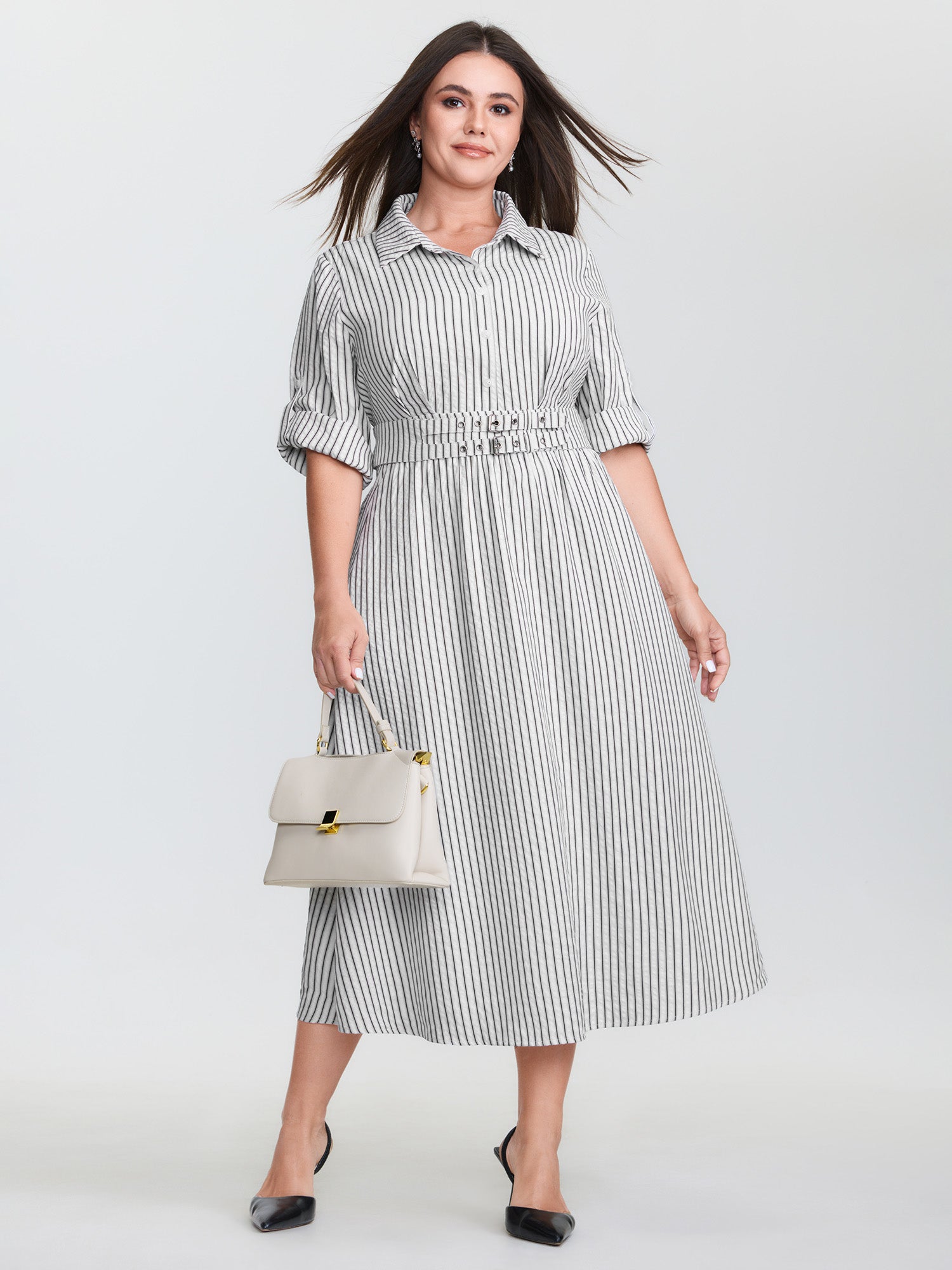 Striped Tab Sleeve Double Belt Midi Shirt Dress