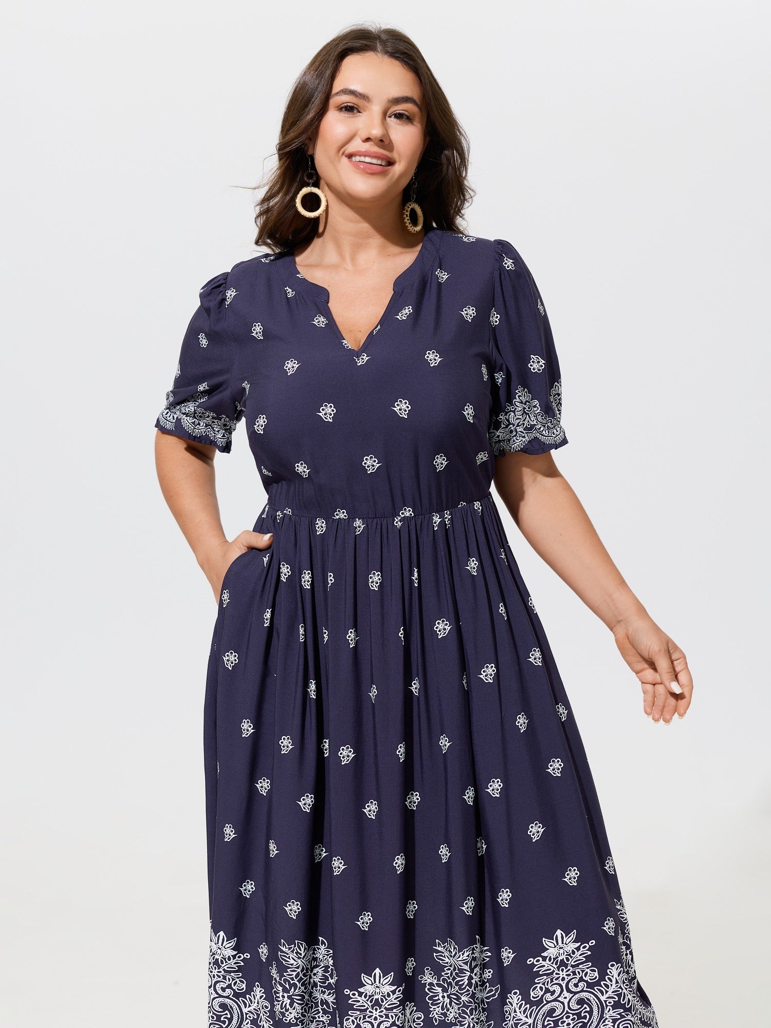Supersoft Boho Print Elastic Waist Flowy Midi Dress