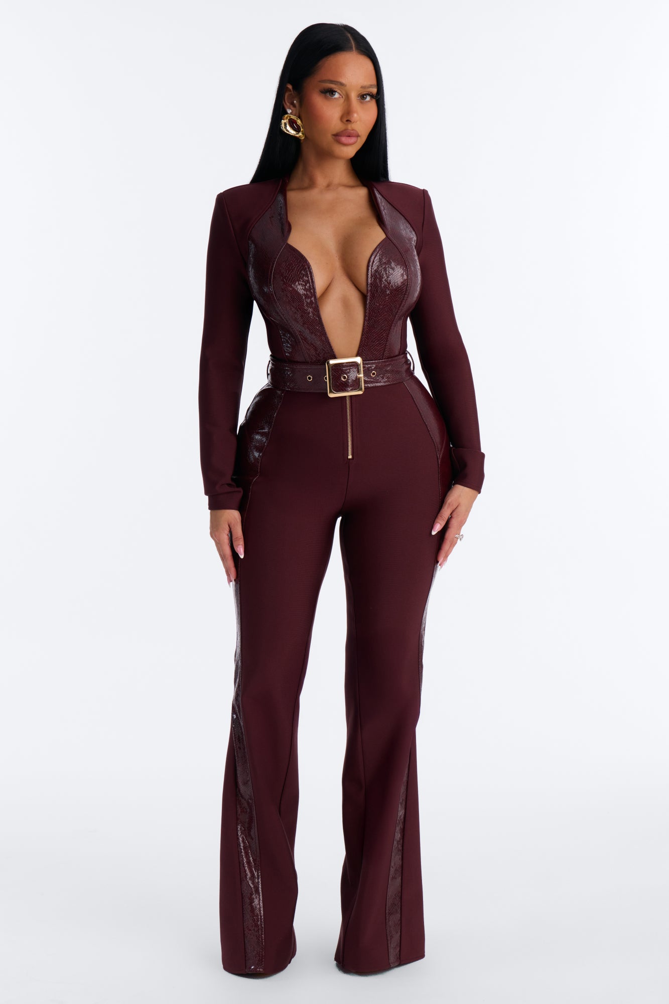 Bella Plunge Neck Bandage Jumpsuit - Burgundy