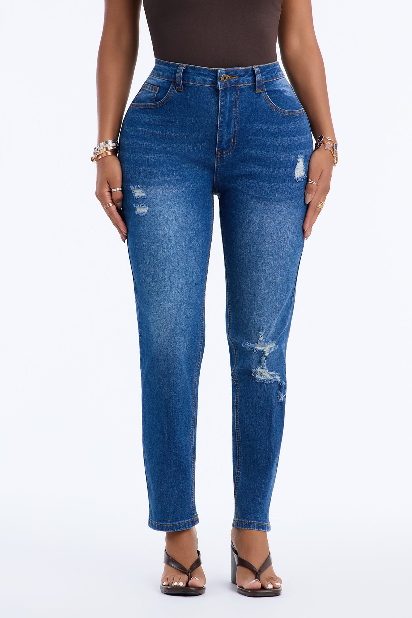 Shut It Down High Rise Stretch Ripped Ankle Length Mom Jeans - Medium Wash