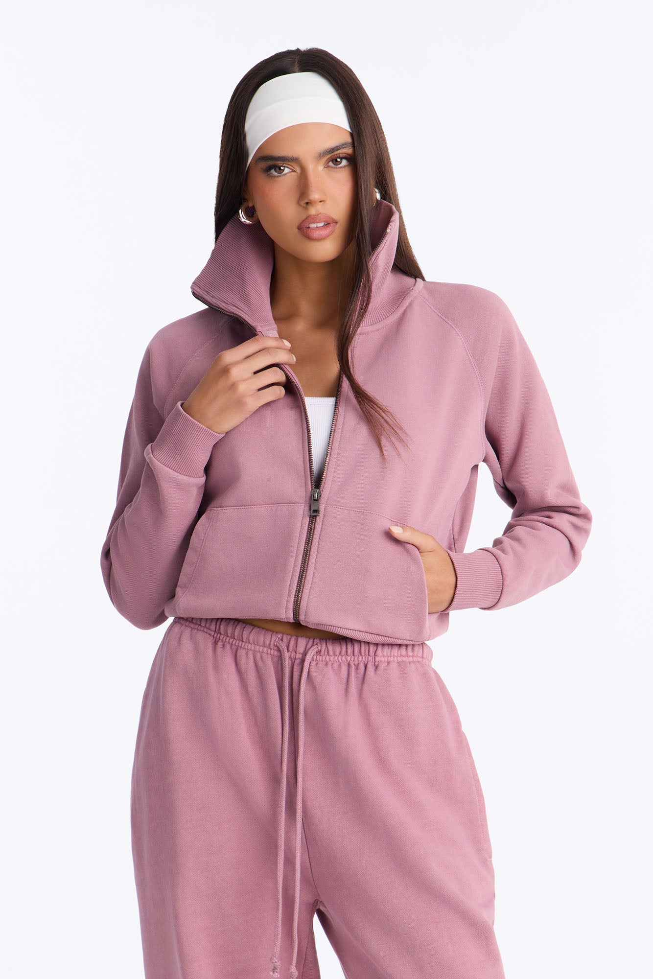 TERRY Funnel Neck Zip Sweatshirt - Washed Mauve