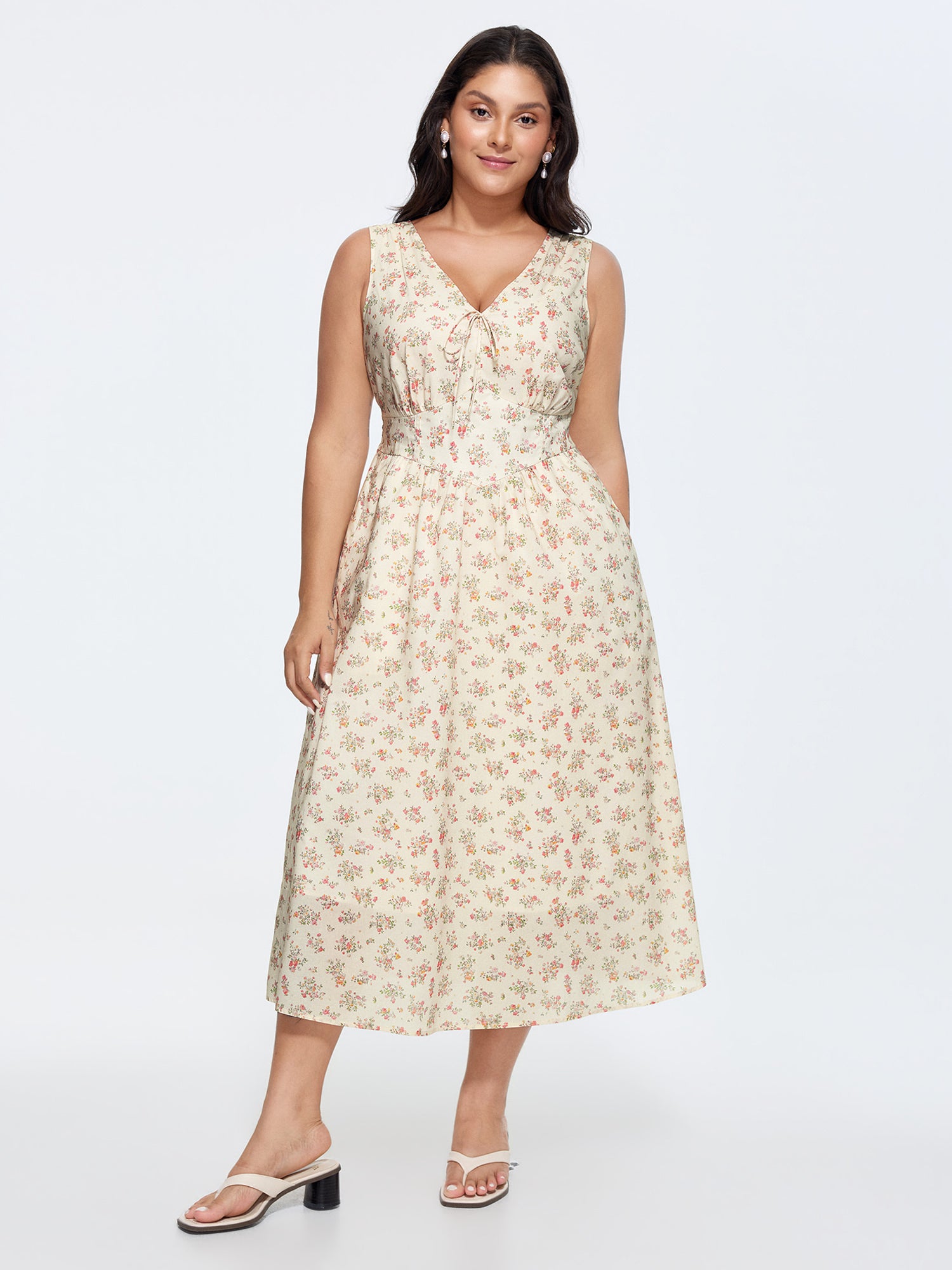 Sweet Floral Print Cinched-Waist Midi Dress
