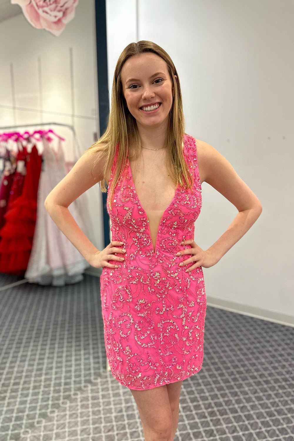 Sparkly Fuchsia Fringed Open Back Tight Short Homecoming Dress/Mini Dress