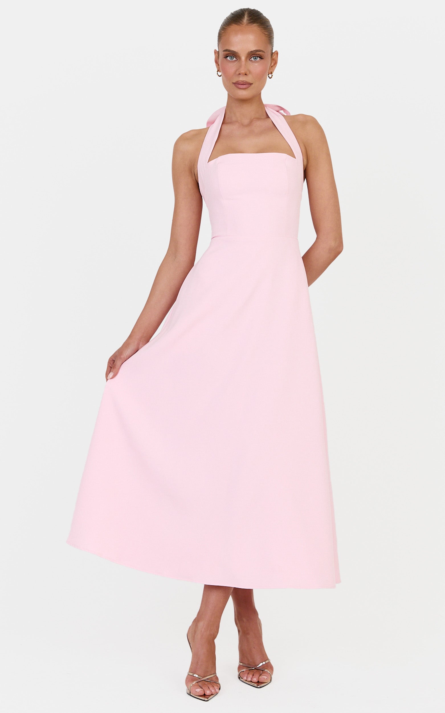 Karissa Midi Dress - Halter Neck Fit and Flare Midi Dress in Baby Pink
