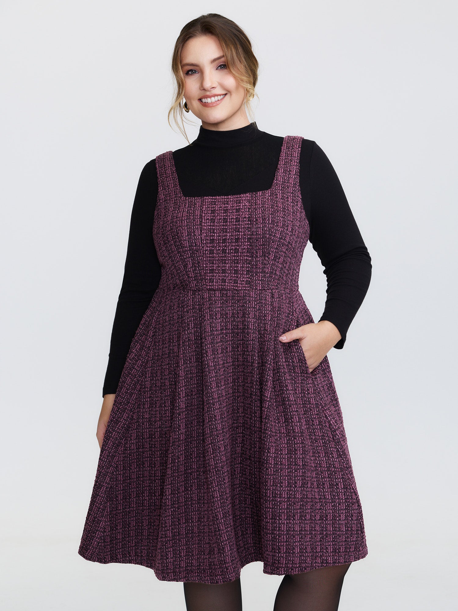 Tweed Pleated Waist Zipper Mini Dress