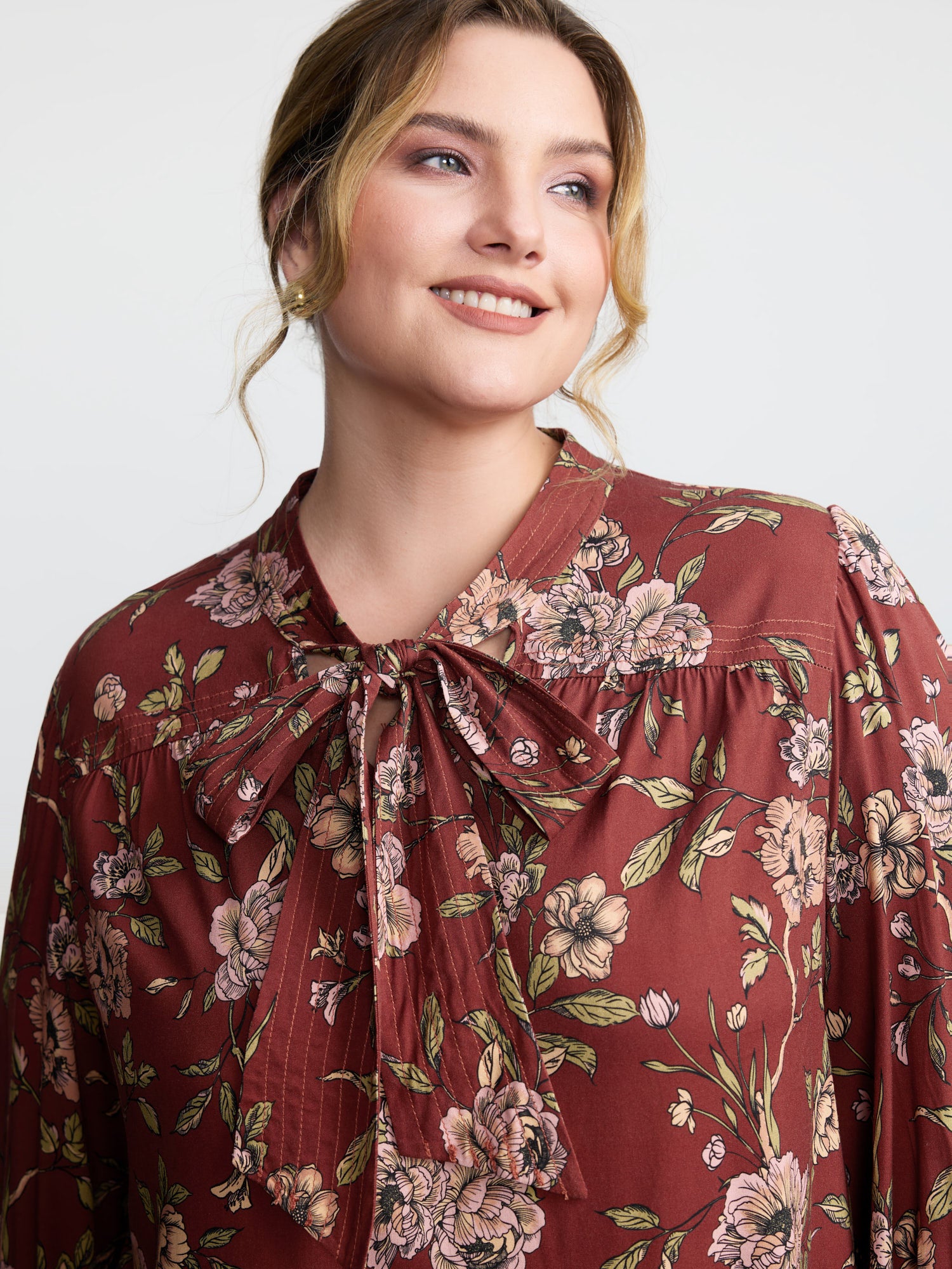 Vintage Floral Neck Ribbon Tie Blouse