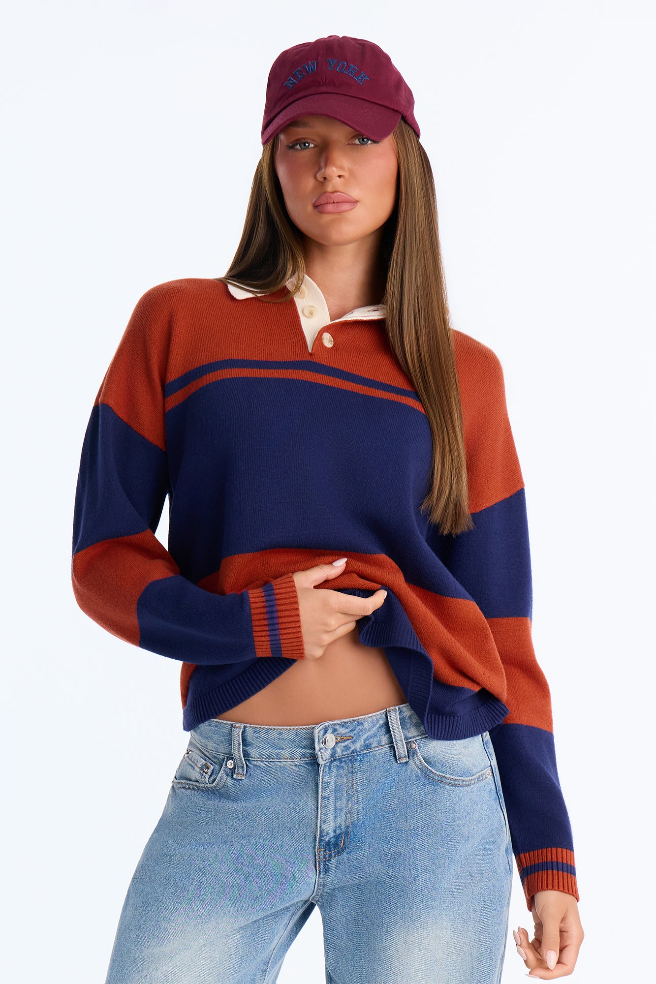 Down The Line Striped Polo Sweater - Navy/combo