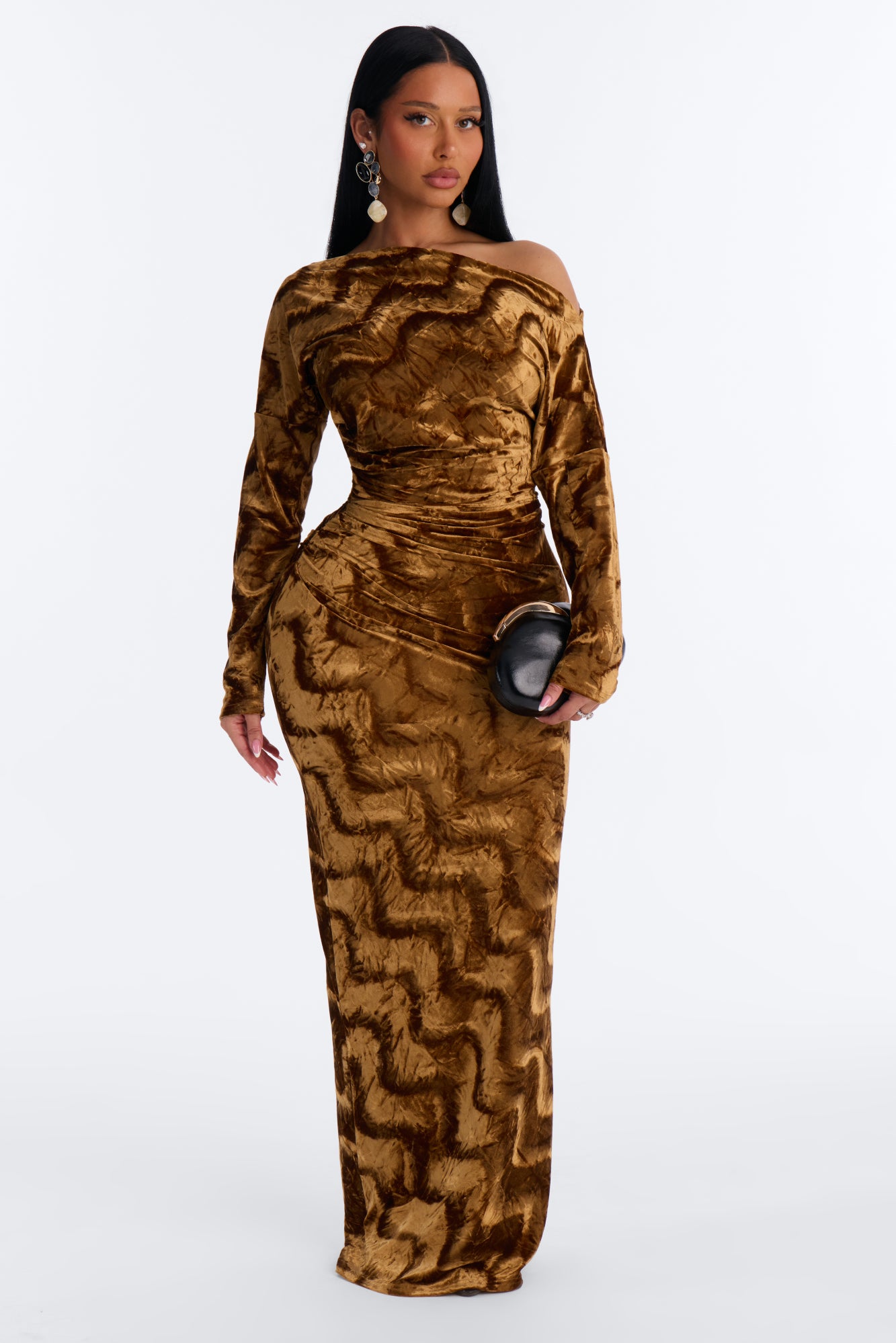 Double Take Velvet Off Shoulder Maxi Dress - Gold
