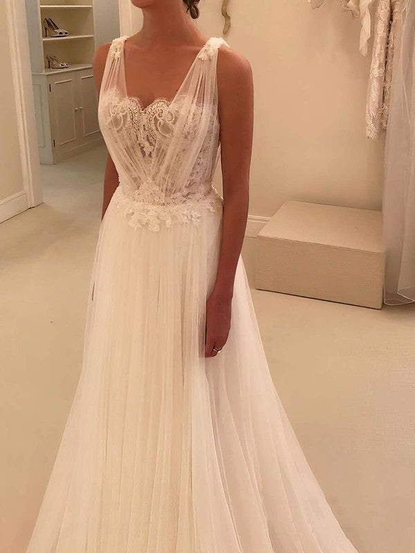 Gorgeous Backless Sleeveless V-Neck Tulle A-Line Wedding Dresses with Appliques