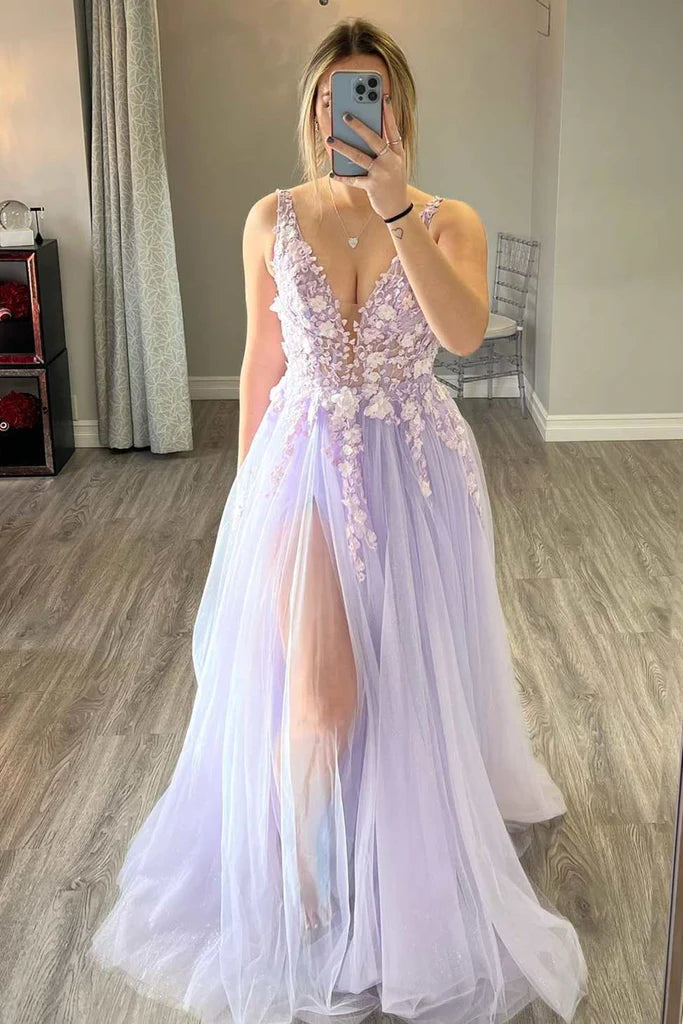 Elegant Light Purple Long Prom Dress with Deep V Neck and Appliques in A-Line Silhouette