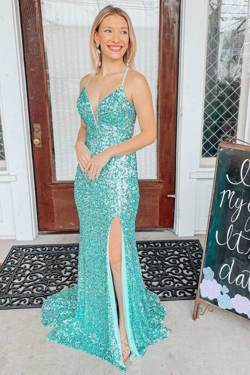 Jade V-Neck Spaghetti Strap Split Mermaid Evening Dress With Sequins