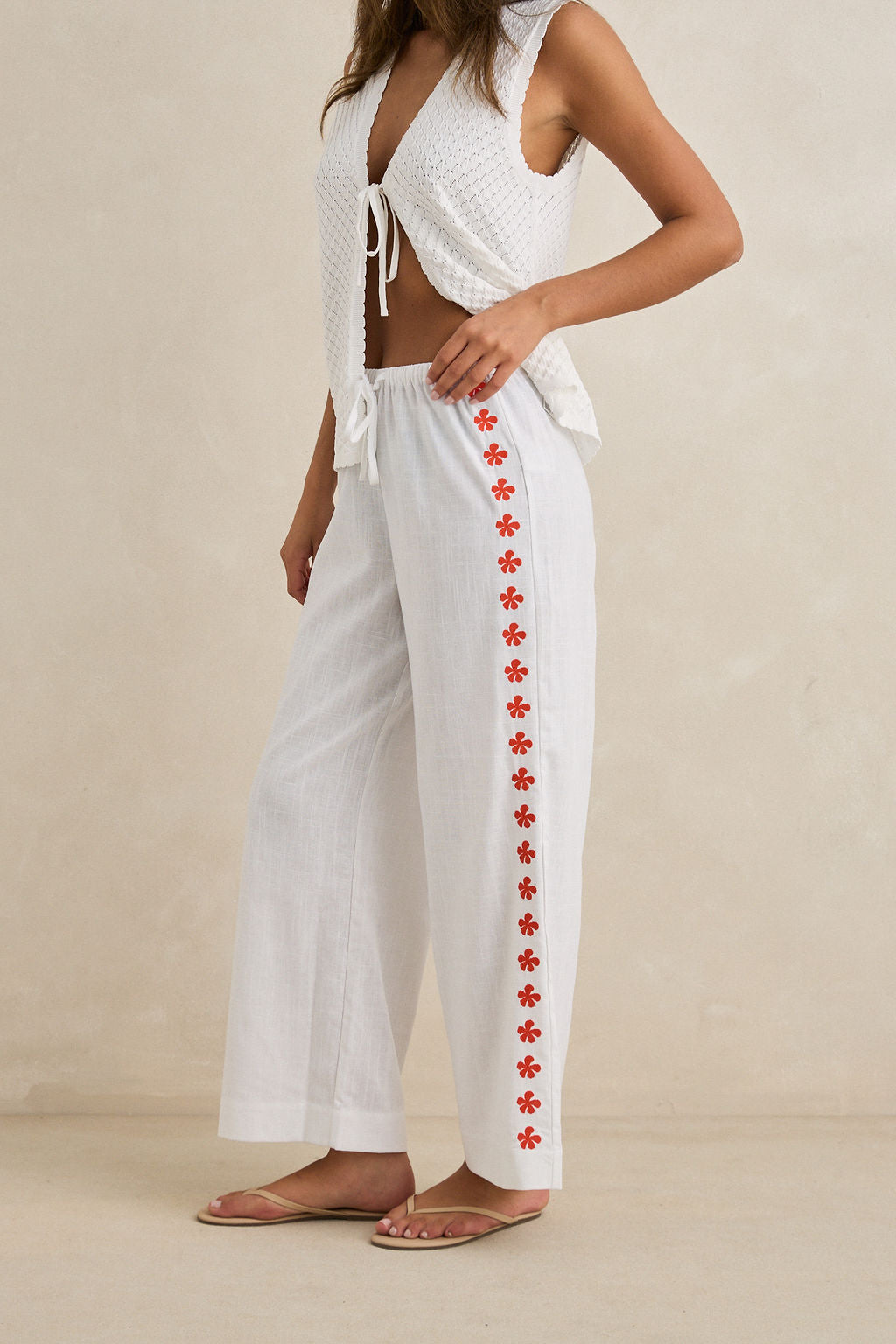 Rhythm White Melia Floral Embroidered Beach Pant
