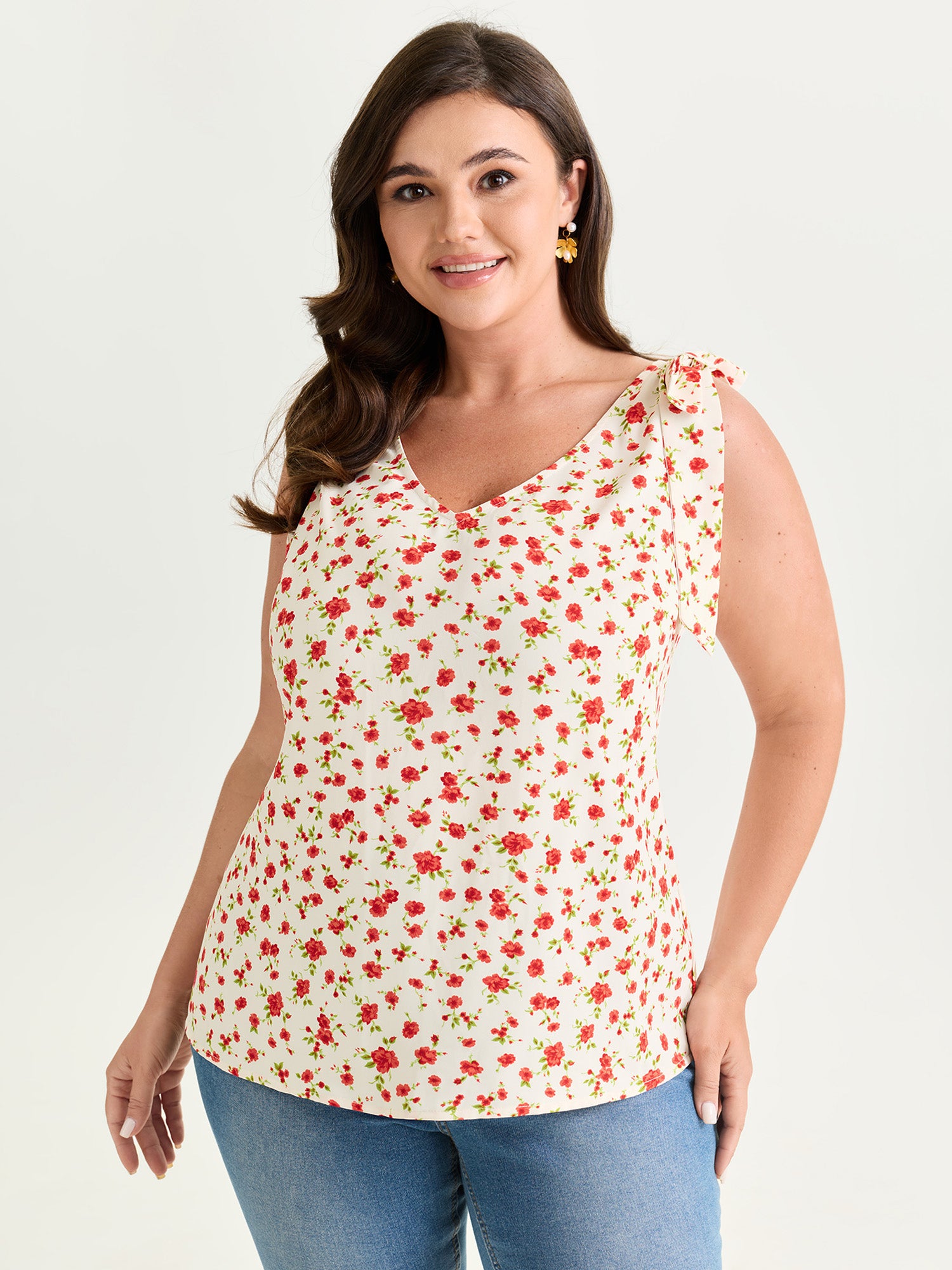 Floral Print Bowknot Shoulder Tank Top