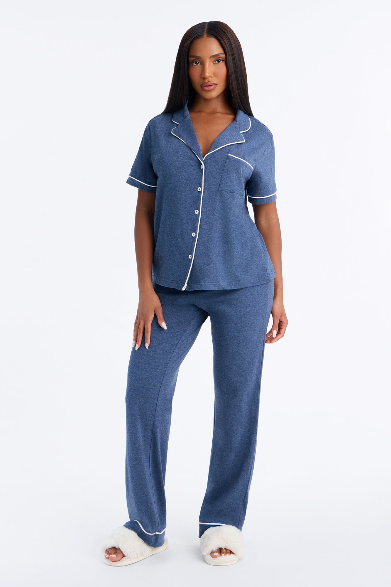 Nova Cotton Short Sleeve Button Down PJ Pant Set - Heathered Blue