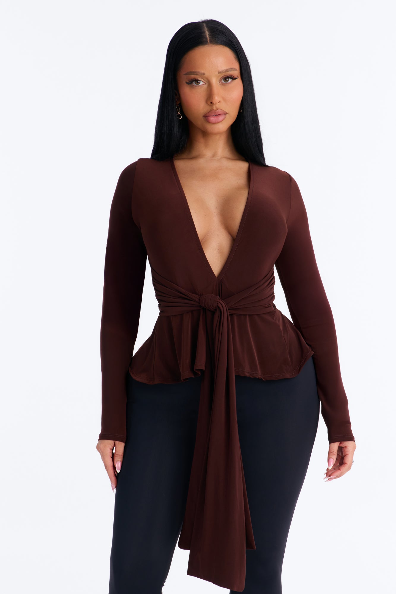 Giulia Deep V Neck Drape Long Sleeve Top - Chocolate