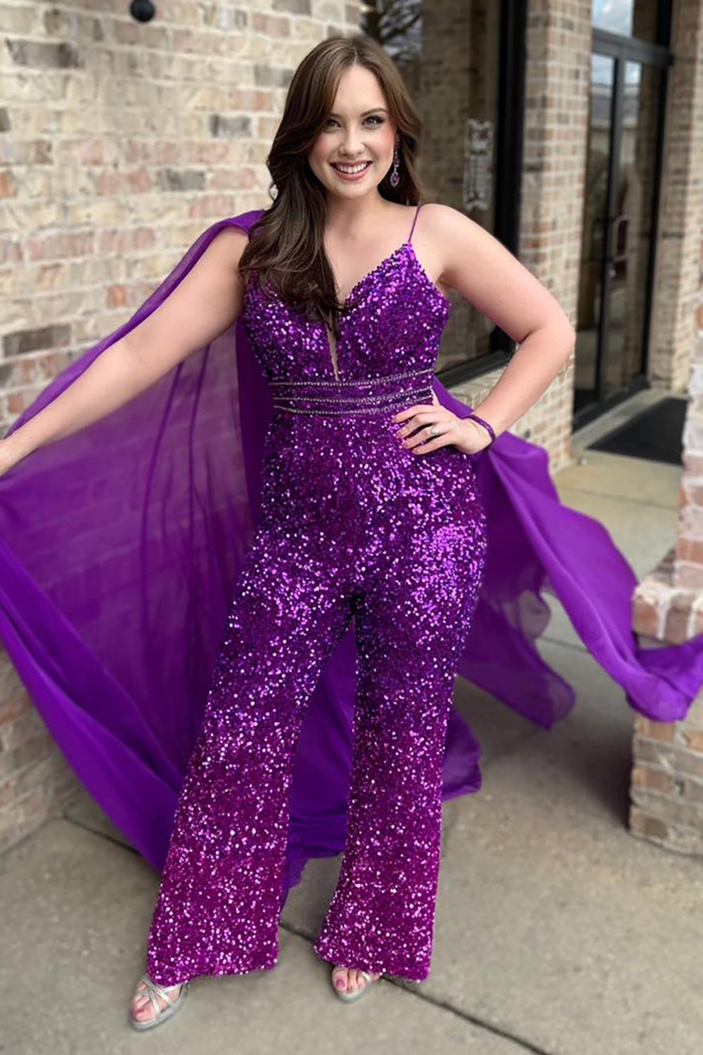 Prom Jumpsuit with Grape Sequin Spaghetti Straps and Tulle Cape