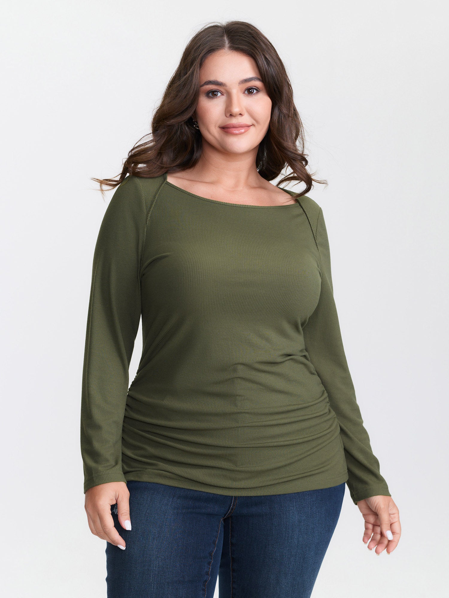 Supersoft Boat Neck Stretchy Ribbed Ruched T-Shirt