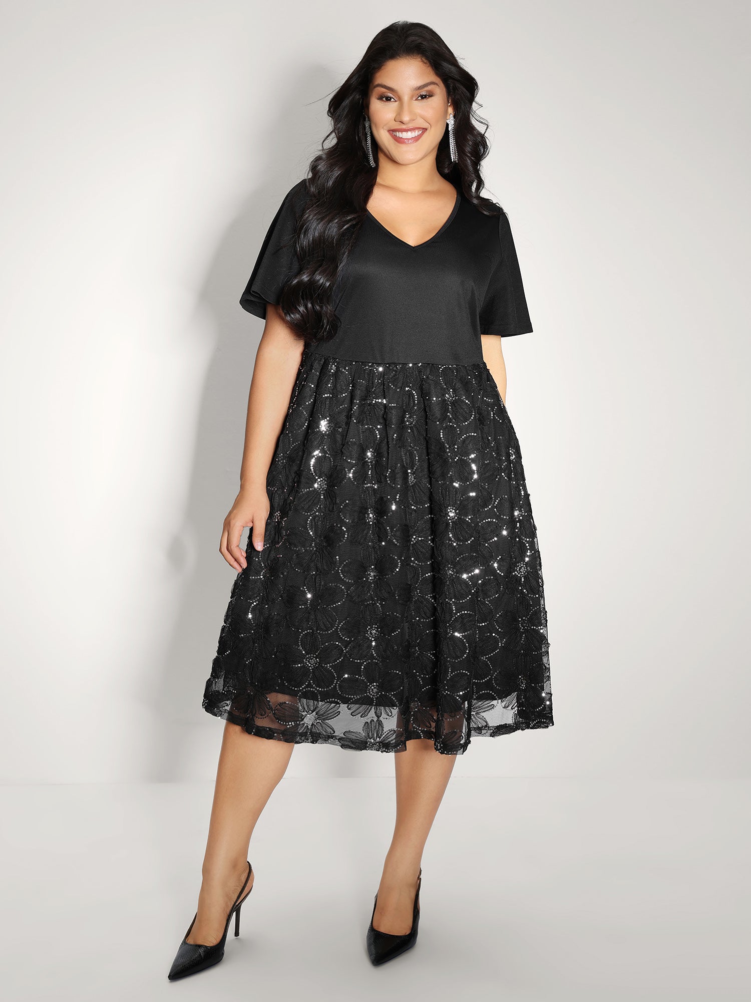 Sequin Embroidery Ruffled Sleeve Midi Dress