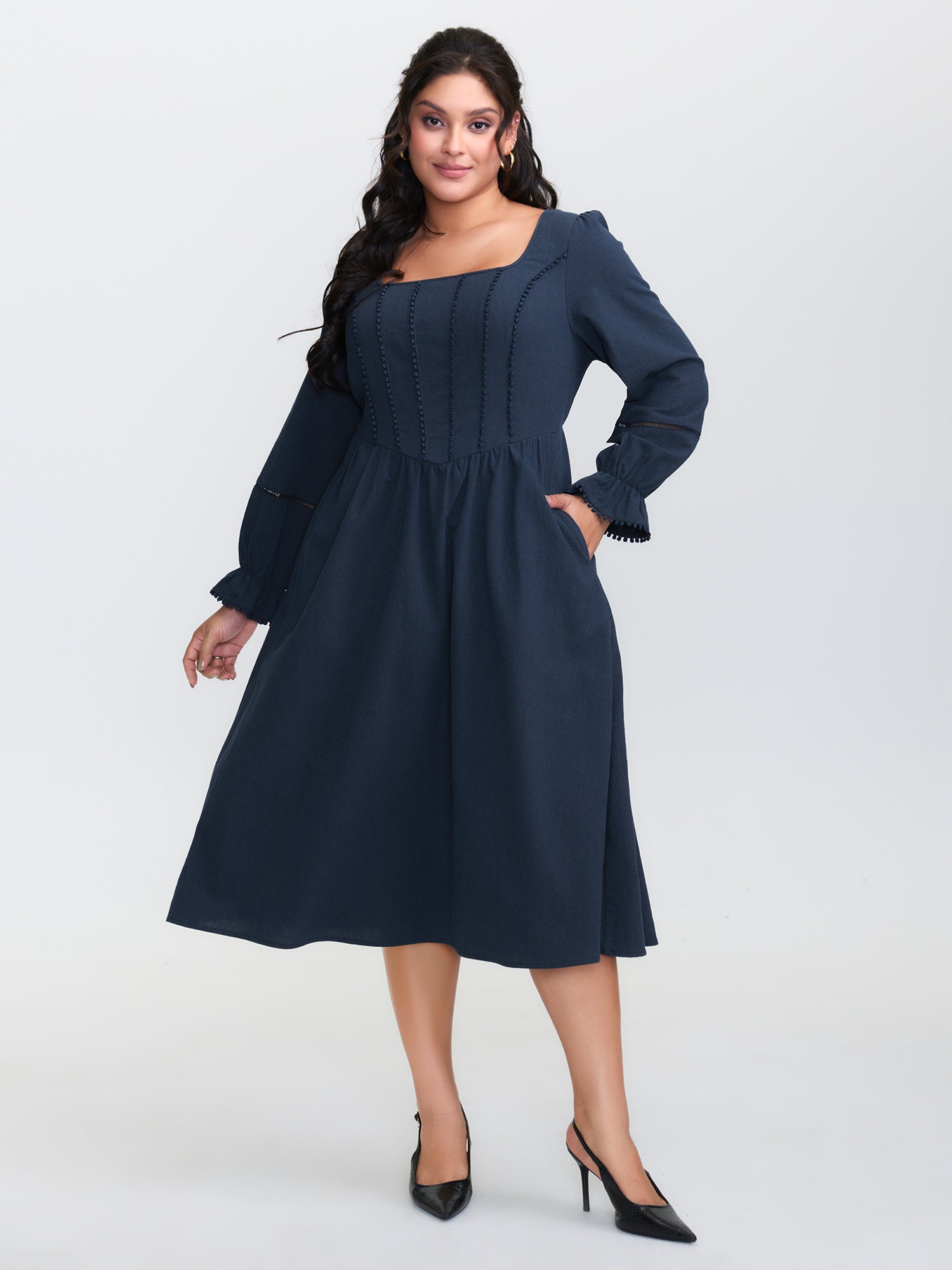 Pure Cotton Back-Tie Pockets Midi Dress