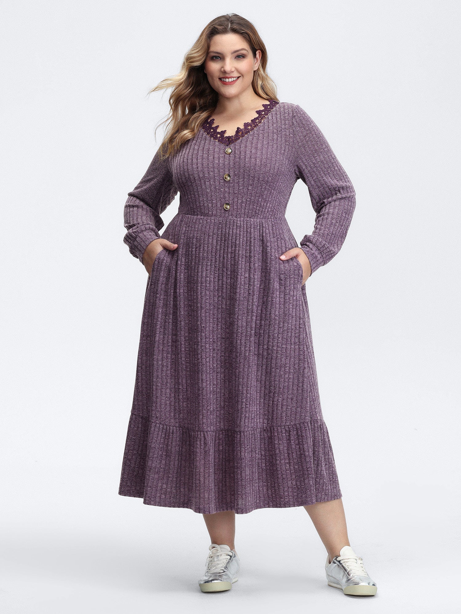Stretchy Textured Lace Trim Midi Dress