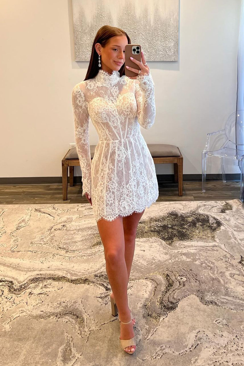 White Long Sleeves A Line Short Homecoming Dress/Mini Dress With Lace