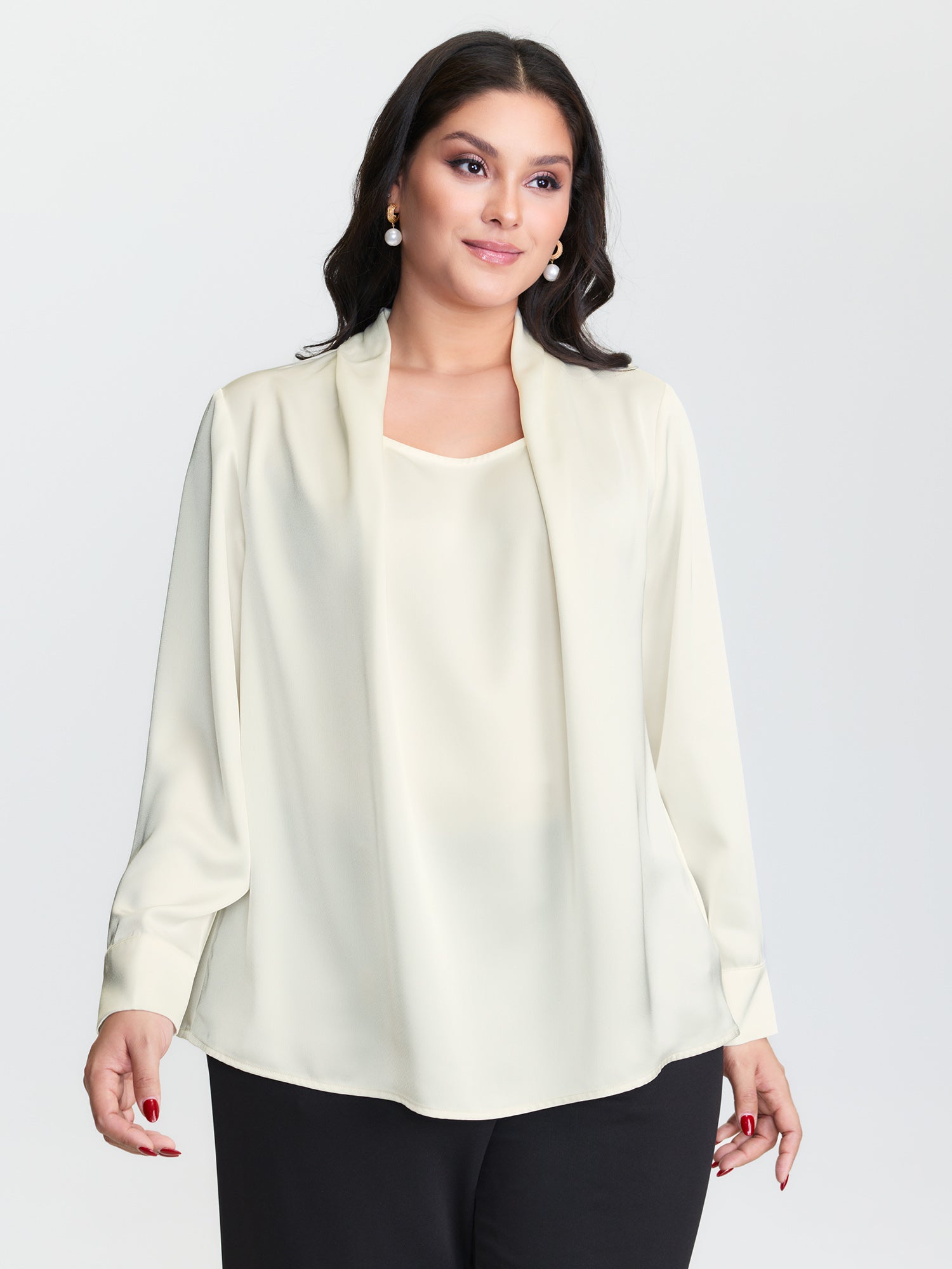 Draped Plain Satin Cuffed Blouse