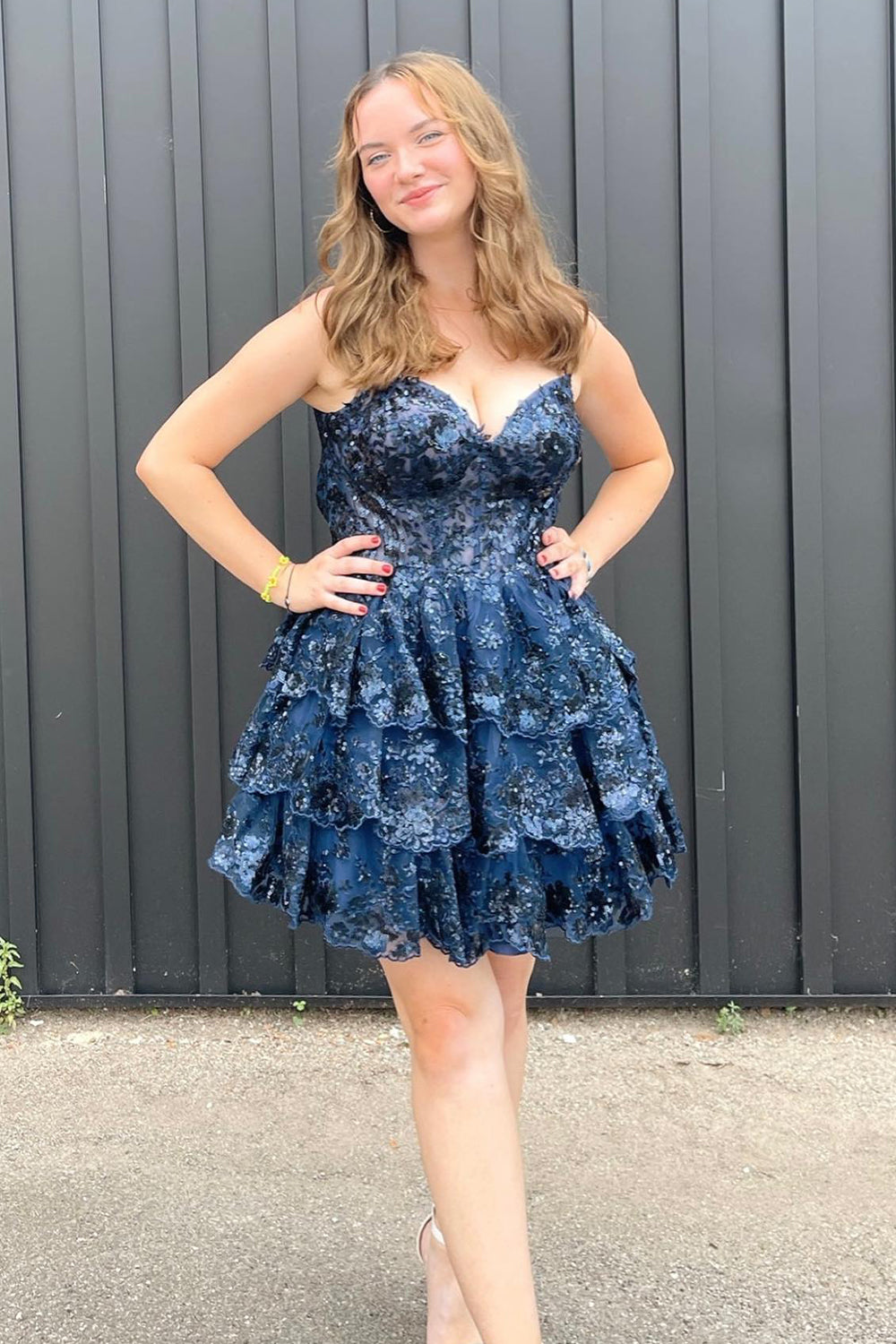 Sparkly Navy Corset Top Spaghetti Straps A-Line Lace Short Homecoming Dress/Mini Dress