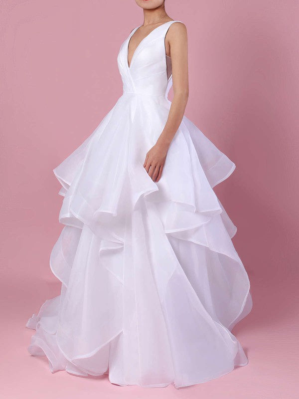 Gorgeous Sweep Train Ball Gown V-Neck Organza Wedding Dresses with Cascading Ruffles