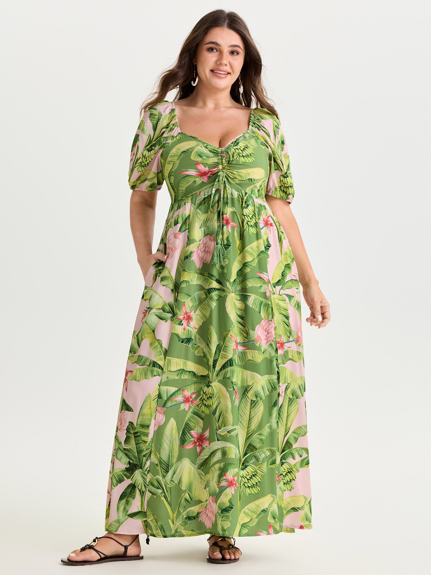 Supersoft Tropical Floral Print Ruched Bodice Maxi Dress