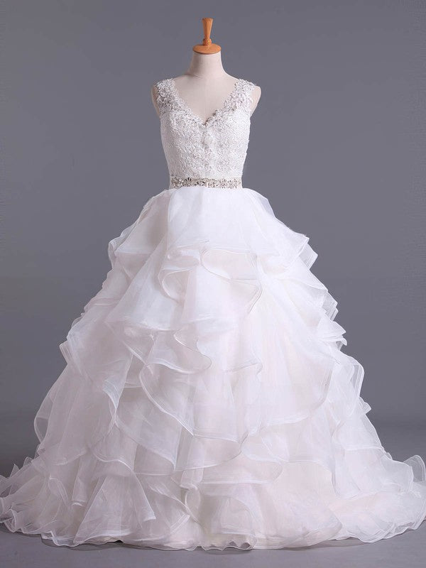 Stunning Court Train V-Neck Organza Ball Gown Wedding Dresses with Cascading Ruffles